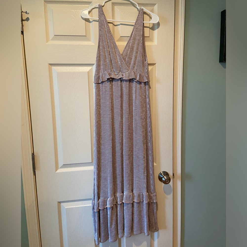 Beige Striped Tiered Maxi Dress